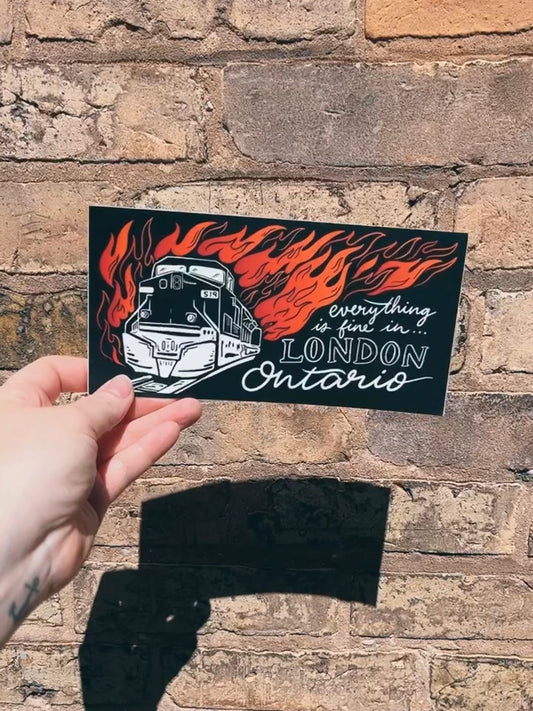 burning train bumper sticker