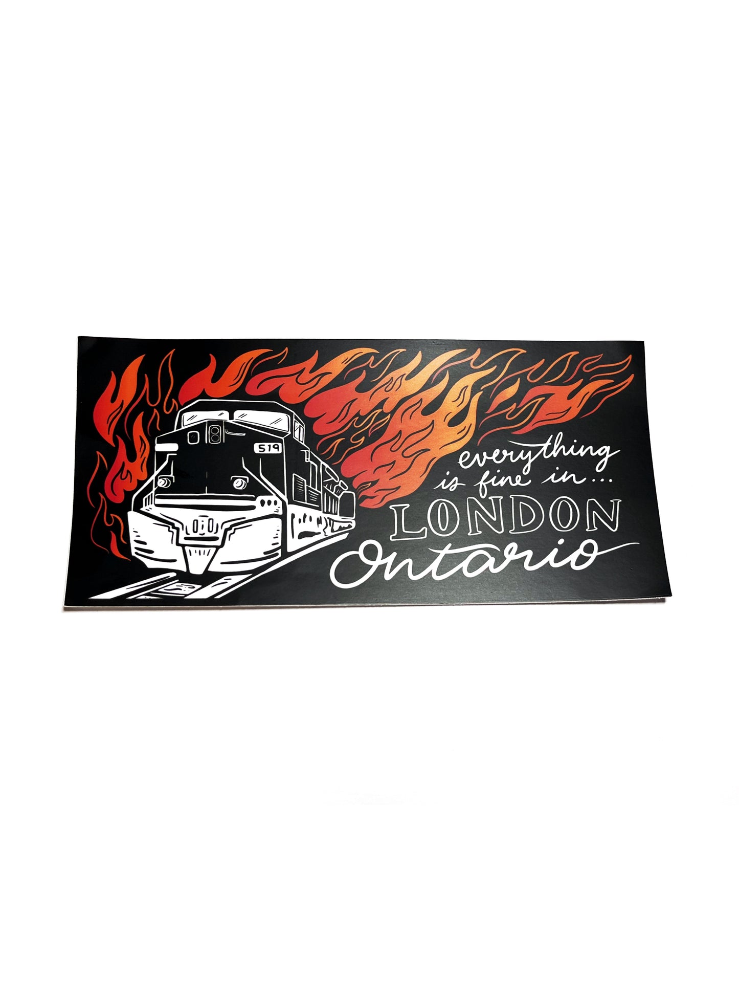 burning train bumper sticker