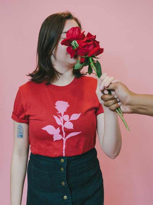 red and pink rose silhouette tee